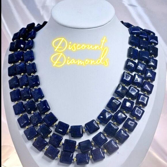 Natural Deep Blue Lapis Lazuli 12mm Flat Square Triple Strand Necklace 14K Gold - Picture 1 of 9